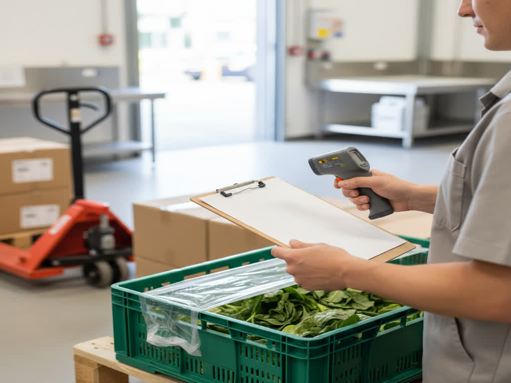 Gerente de alimentos revisa checklist de proveedor con trazabilidad y cadena de frío para compras seguras